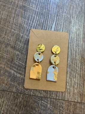 Handcrafted Polymer Clay Peach and light Blue Drop Earrings With Gold Accents
